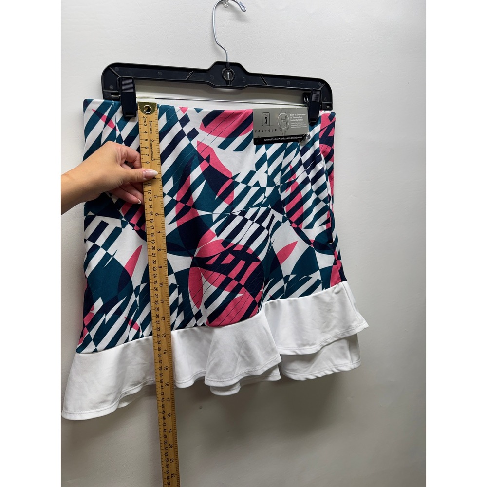 PGA Tour Skort Women M Pink Blue Geometric Tummy Control Ruffle Hem Performance - Picture 2 of 8